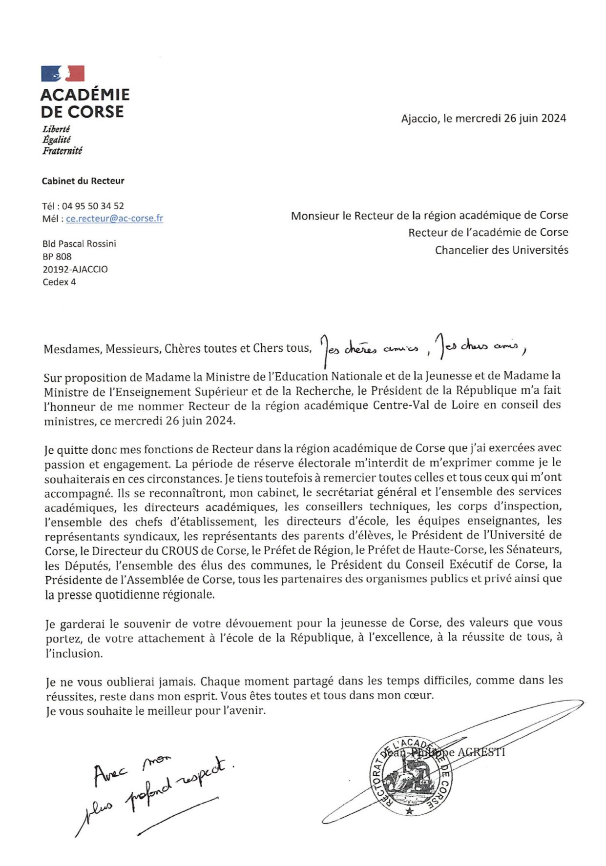 Lettre du recteur Jean-Philippe Agresti